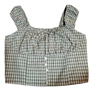 Camisole top gingham green white square neckline feminine garden girl Y2K